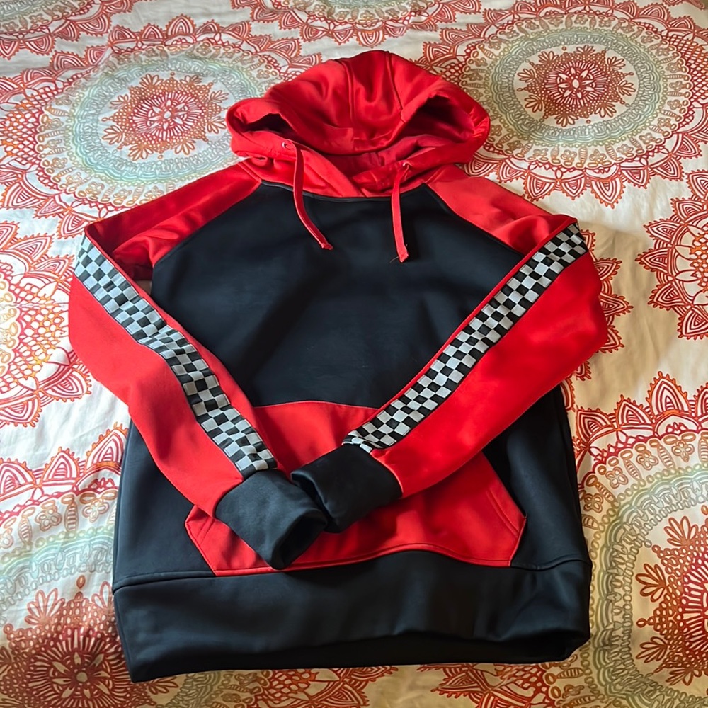 Empyre brand red and black raglan sleeve hoodie with checkerboard high-vis trim